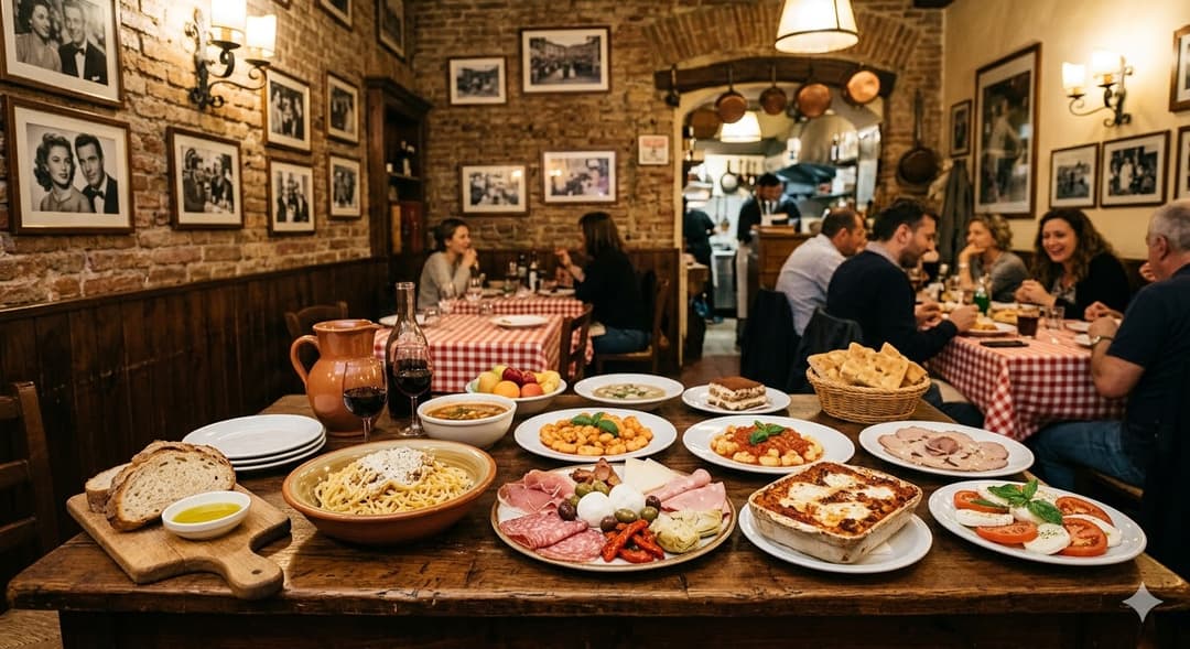 Italian trattoria table with cold cuts, pasta and bread